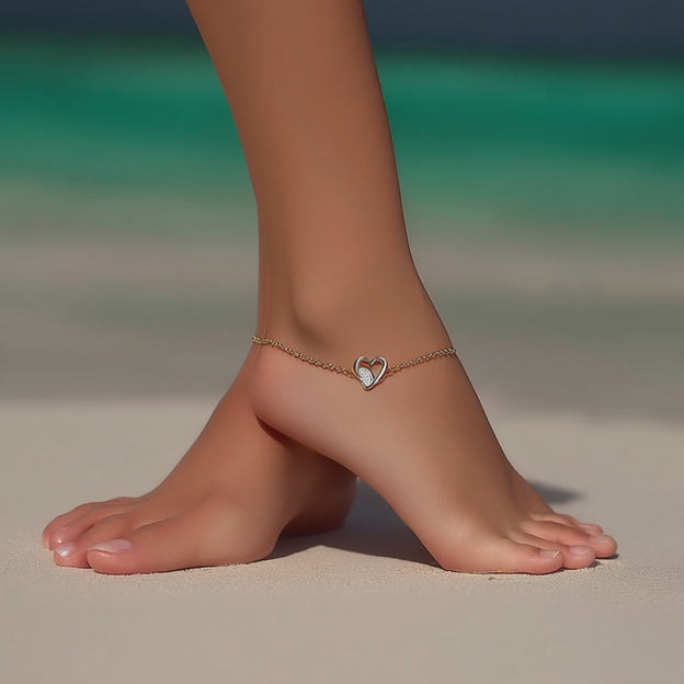 14K Gold Heart Anklet with Crystals