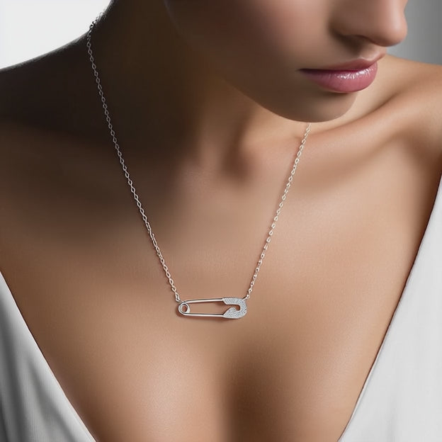 18K White Gold Safety Pin with Crystals Pendant Necklace
