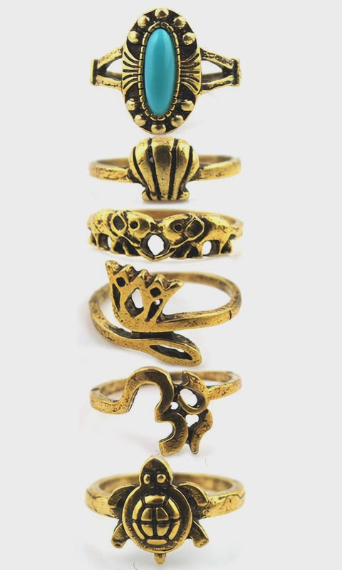 Sterling or Brass Oxidied Turquoise (Set of 6) Multi-Finger Rings