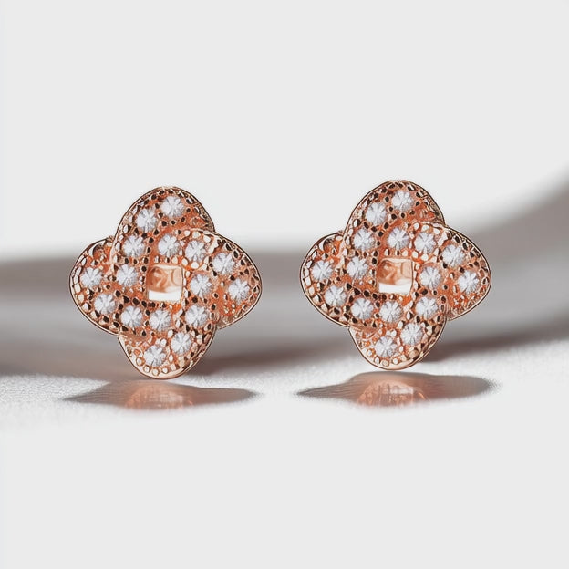 18K Rose Gold Encrusted Knot Stud Earrings With Crystals