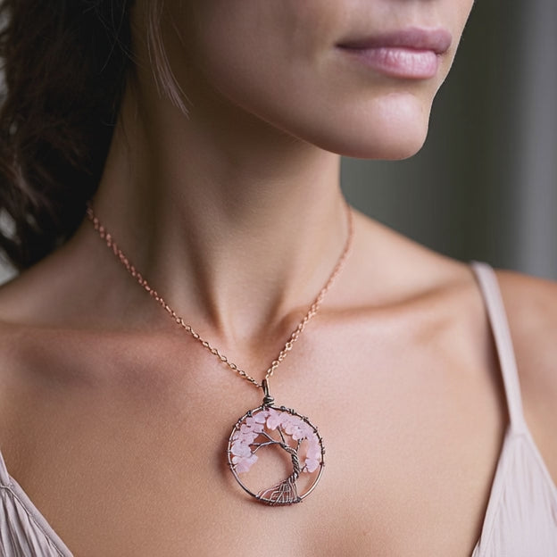 Handmade Genuine Gemstone Chakra Tree of Life Pendant Necklace