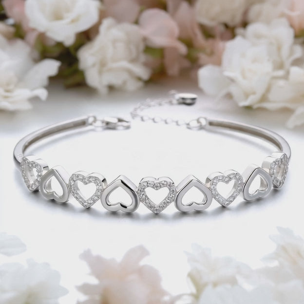 14K Gold Hearts Bangle Adjustable Bracelet with Simulated Diamonds