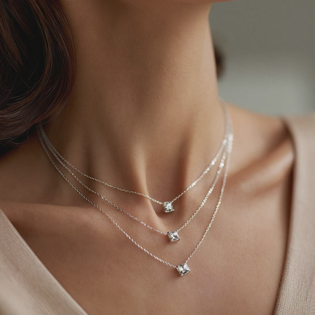 Sterling Silver and Tri-Tone Three Layer Necklace with Crystals