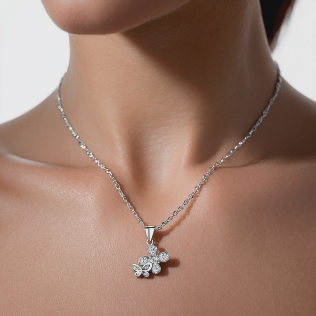 Sterling Silver and Genuine Crystal Butterfly on Flower Pendant Necklace
