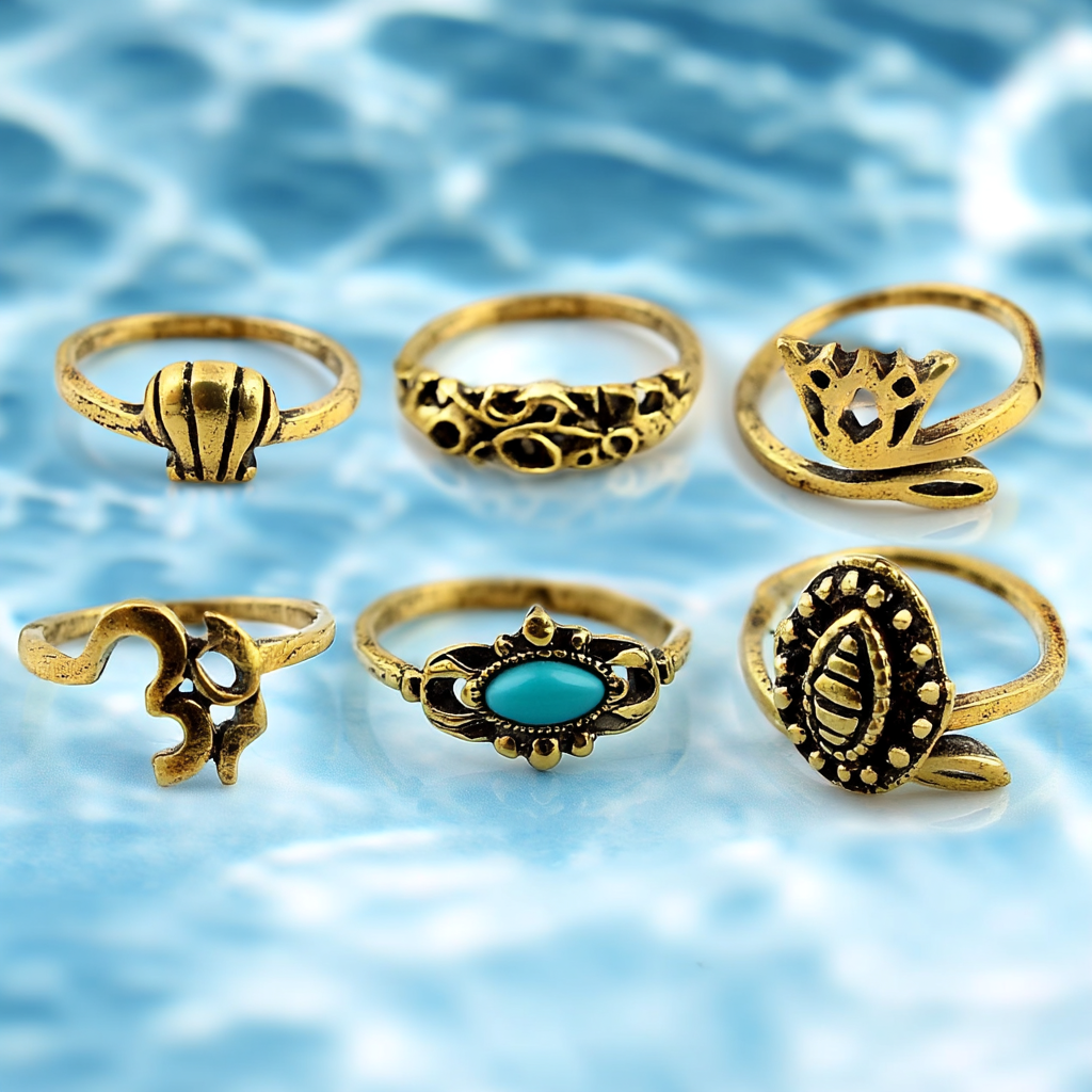 Sterling or Brass Oxidied Turquoise (Set of 6) Multi-Finger Rings