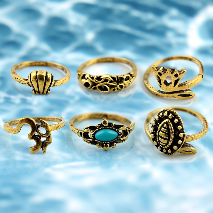 Sterling or Brass Oxidied Turquoise (Set of 6) Multi-Finger Rings