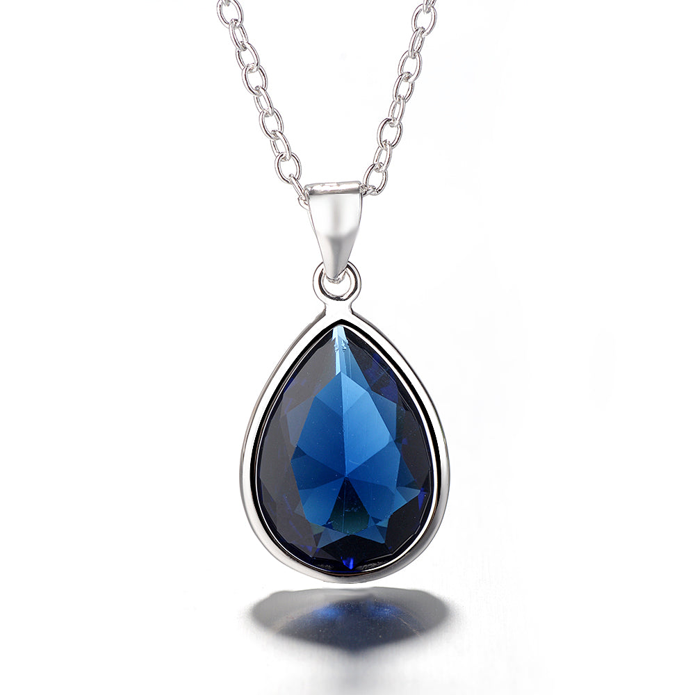 Sterling Silver Tear Drop Sapphire Pendant Necklace