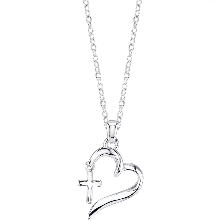 18K White Gold Faith Hope Love Cross and Heart Pendant Necklace