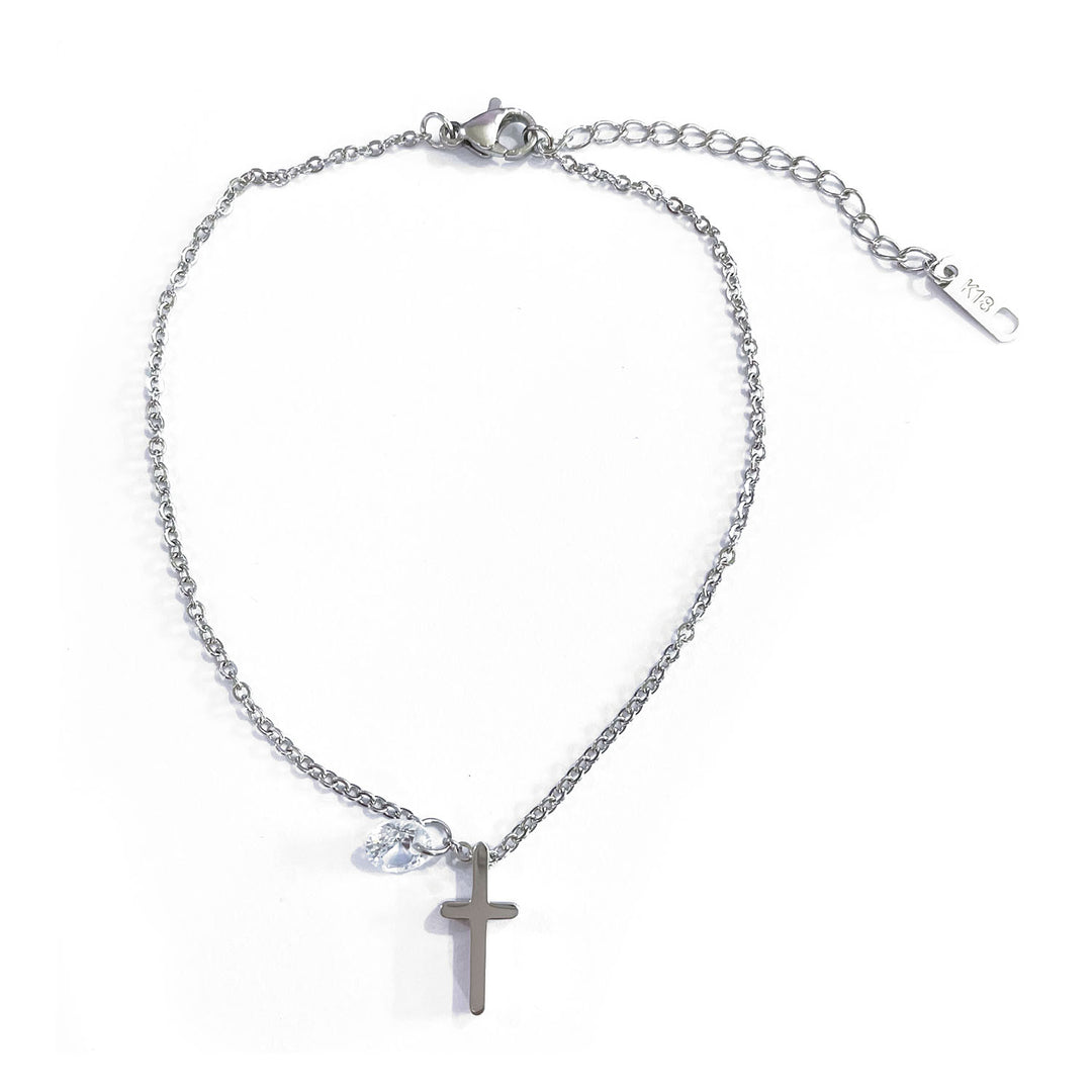 Stainless Steel Cross and Crystal Anklet