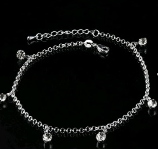 Link Anklet with Crystals in 14k White Gold