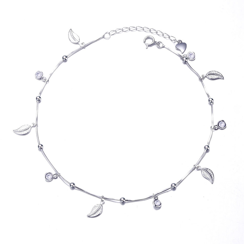 Sterling Silver Feather Anklet with Swarovski Crystals