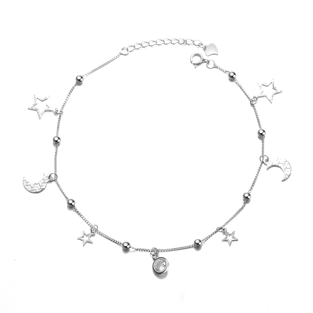 Sterling Silver Stars and Moons Anklet with Swarovski Crystal
