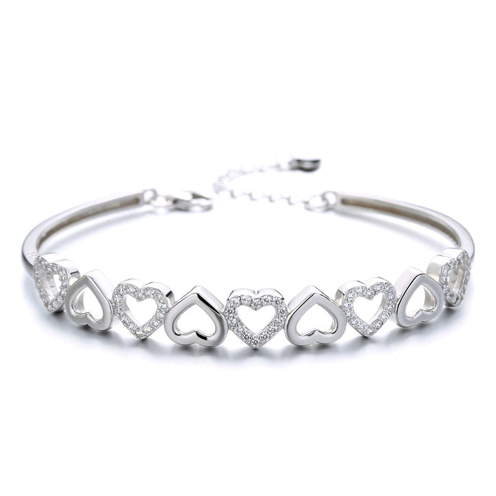 Sterling Silver & Swarovski Crystal Hearts Bangle Adjustable Bracelet