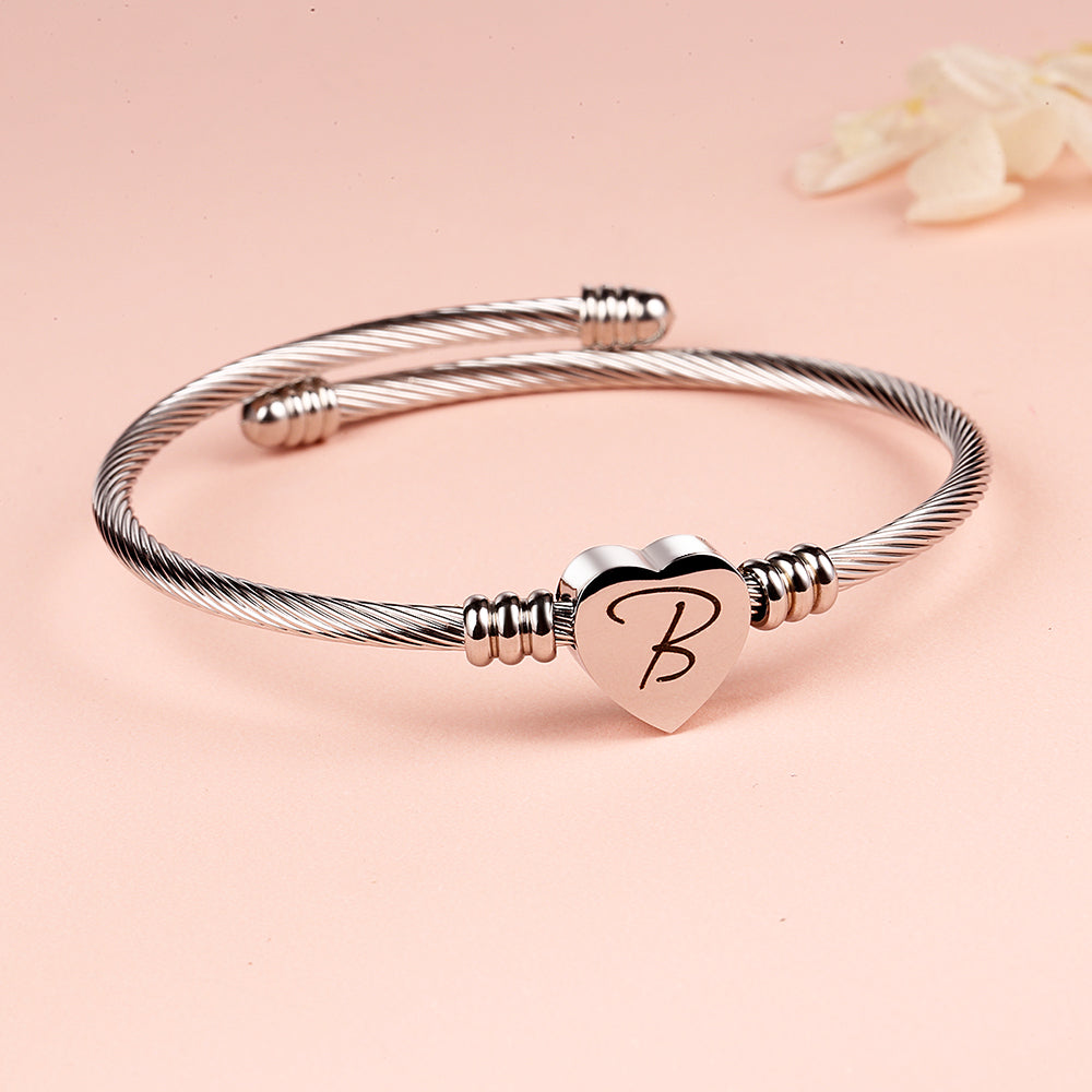 Twisted Steel Heart Cable Initial Bracelet