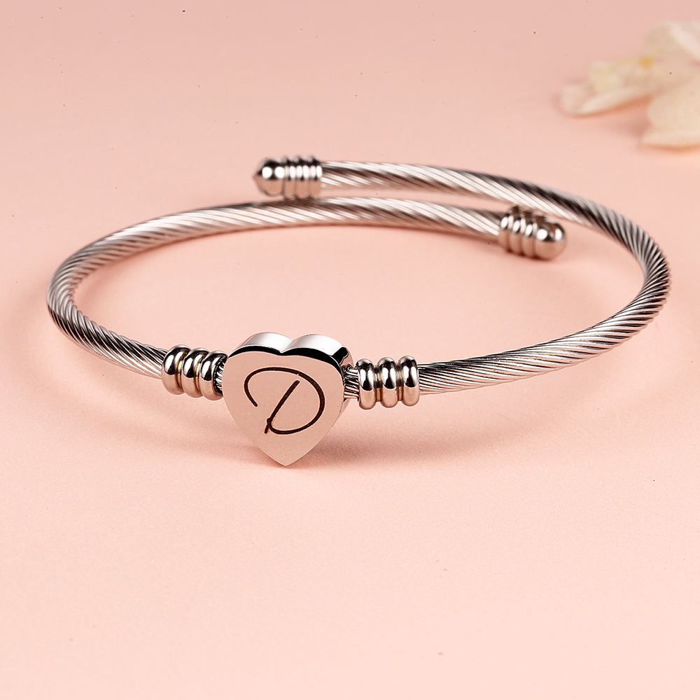 Twisted Steel Heart Cable Initial Bracelet