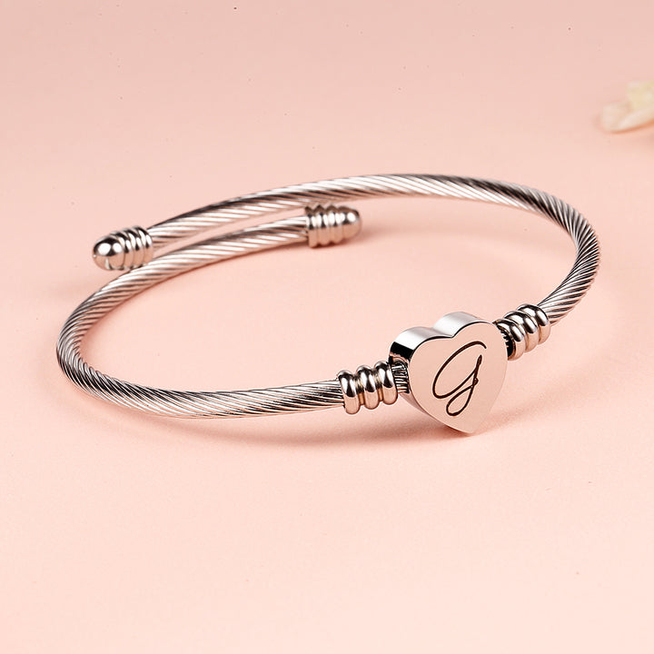 Twisted Steel Heart Cable Initial Bracelet