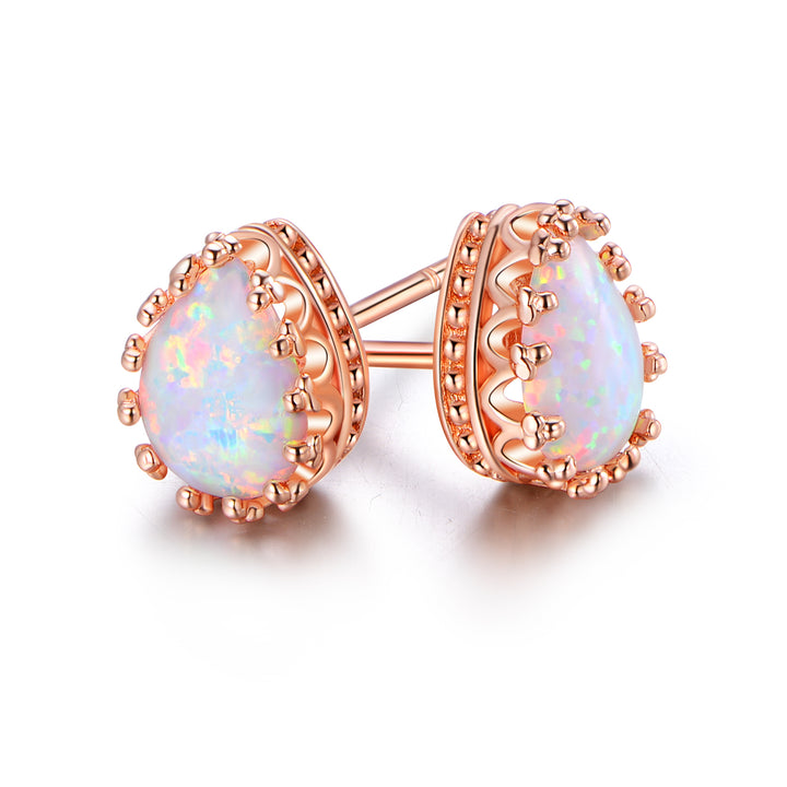 White Fiery Opal Rose Gold Crown Studs