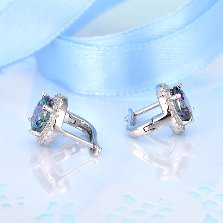 Genuine Mystical Rainbow Topaz Halo Earrings with Omega Backings