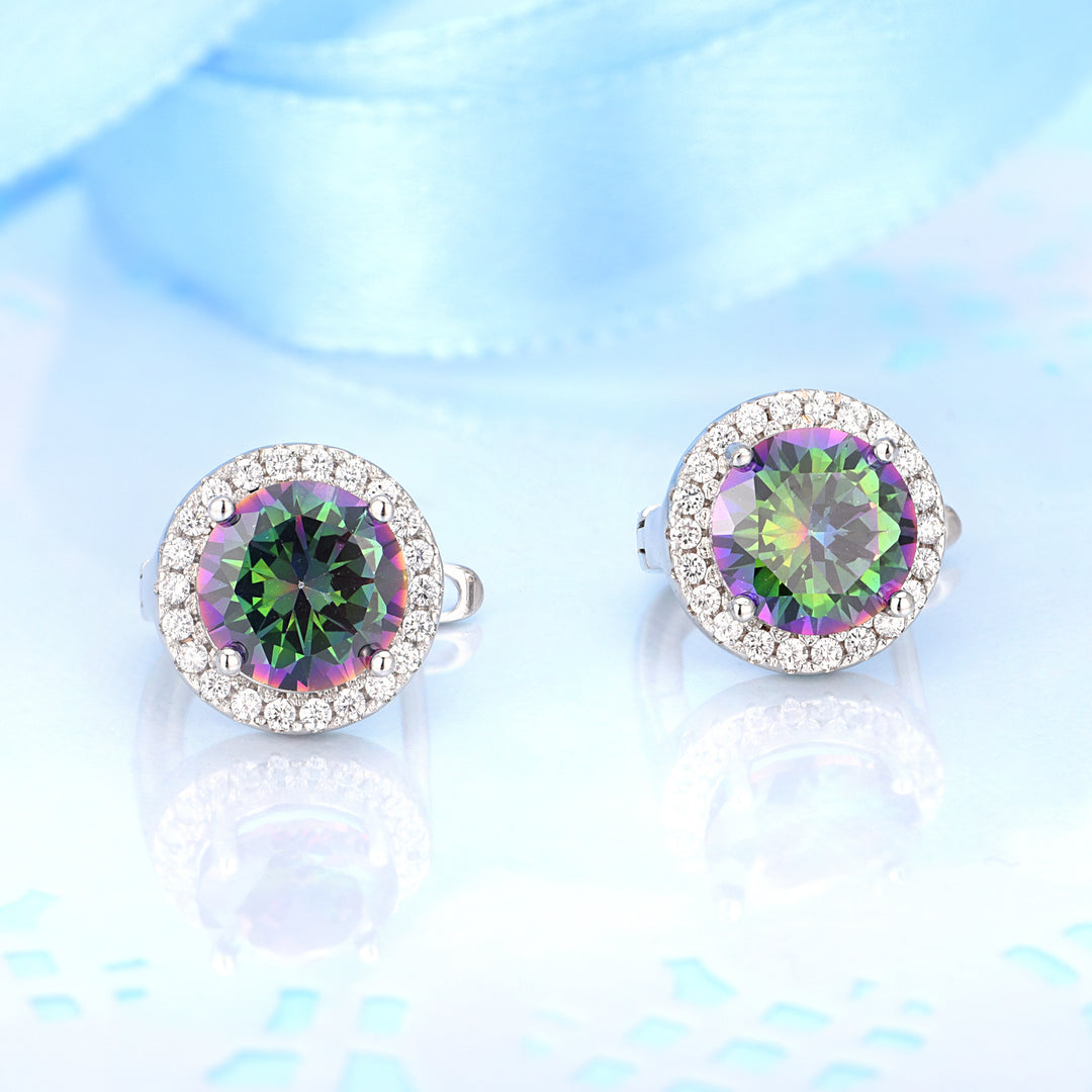 Genuine Mystical Rainbow Topaz Halo Earrings with Omega Backings