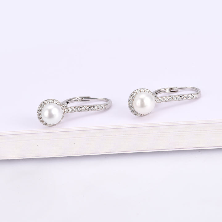 Halo Cultured Pearl Leverback Earrings in 18K White Gold