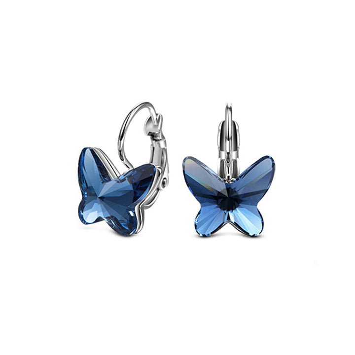 Crystal Blue Butterfly Leverback Huggie Earrings