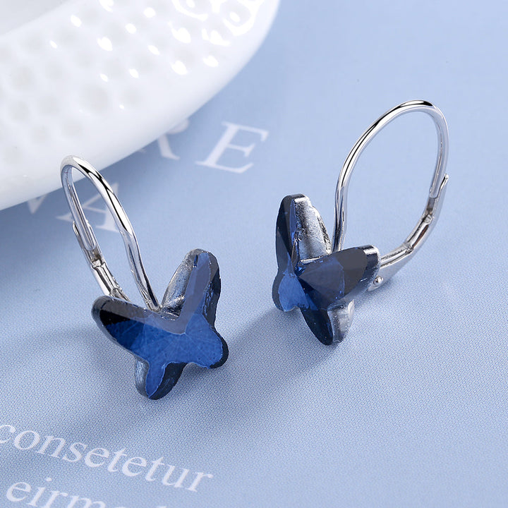 Crystal Blue Butterfly Leverback Huggie Earrings