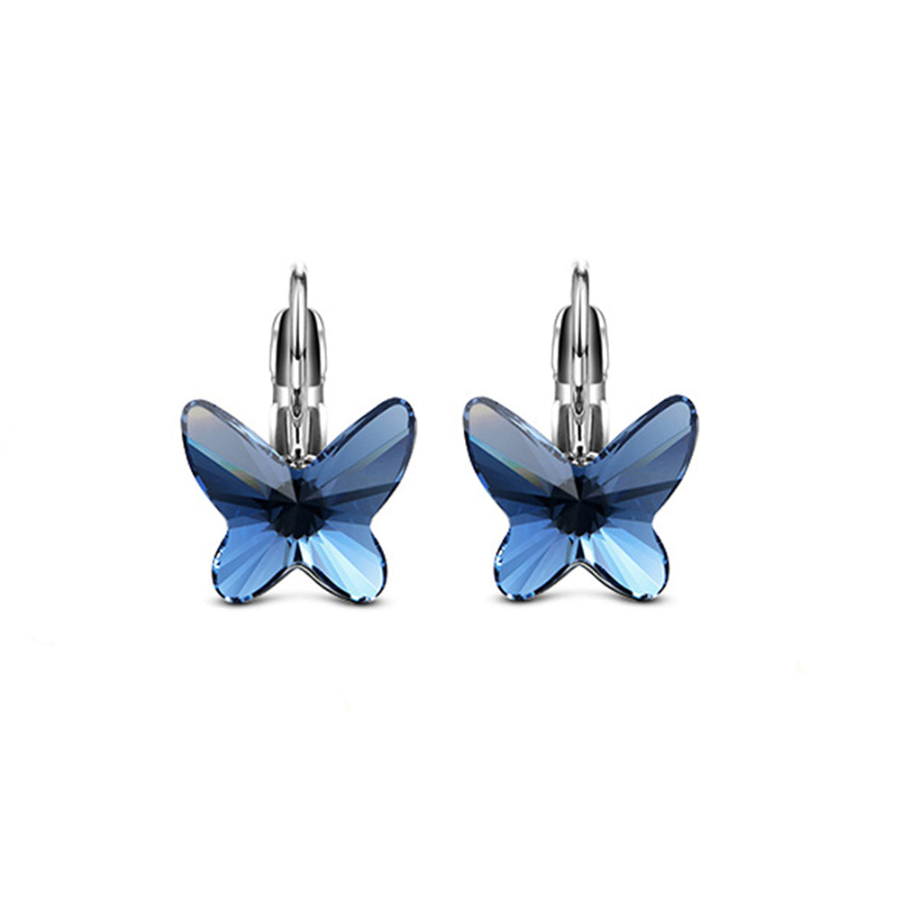 Crystal Blue Butterfly Leverback Huggie Earrings