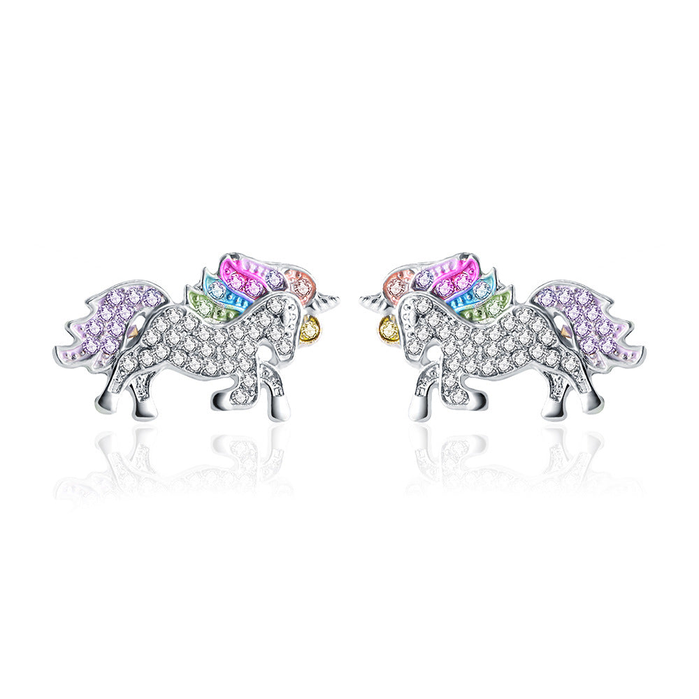 18k White Gold Multi-Colored Unicorn Stud Earrings