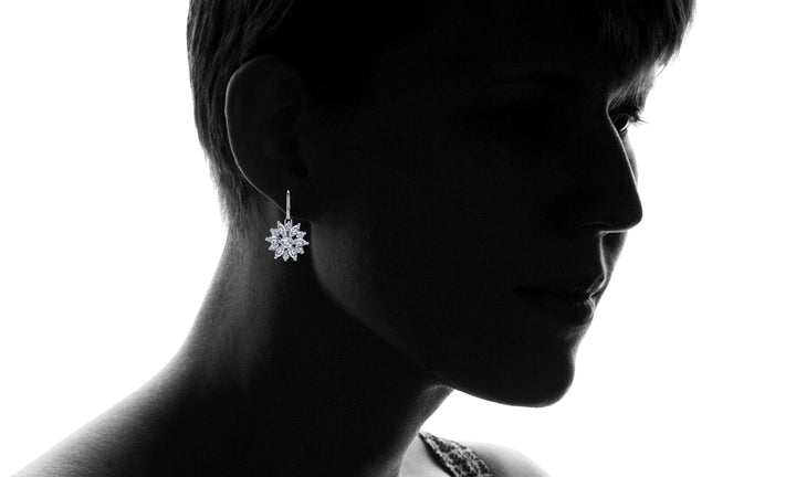 Crystal Flower Lever-back Earring in 18K White Gold