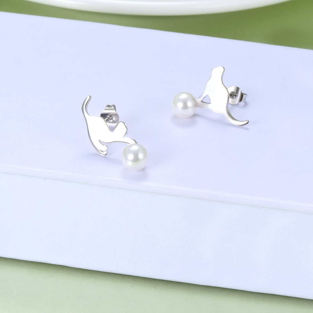 Sterling Silver Cultured Pearl Cat Earrings