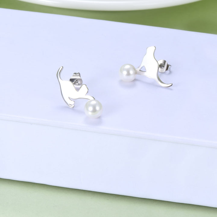 Sterling Silver Cultured Pearl Cat Earrings