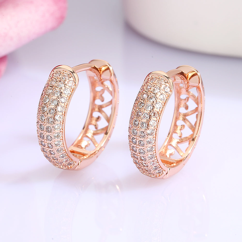 14K Rose Gold Filigree Heart Huggie Earring with Crystal