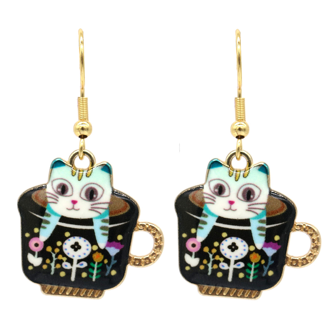 Kitten in a Mug Hook Earrings in 14K Gold