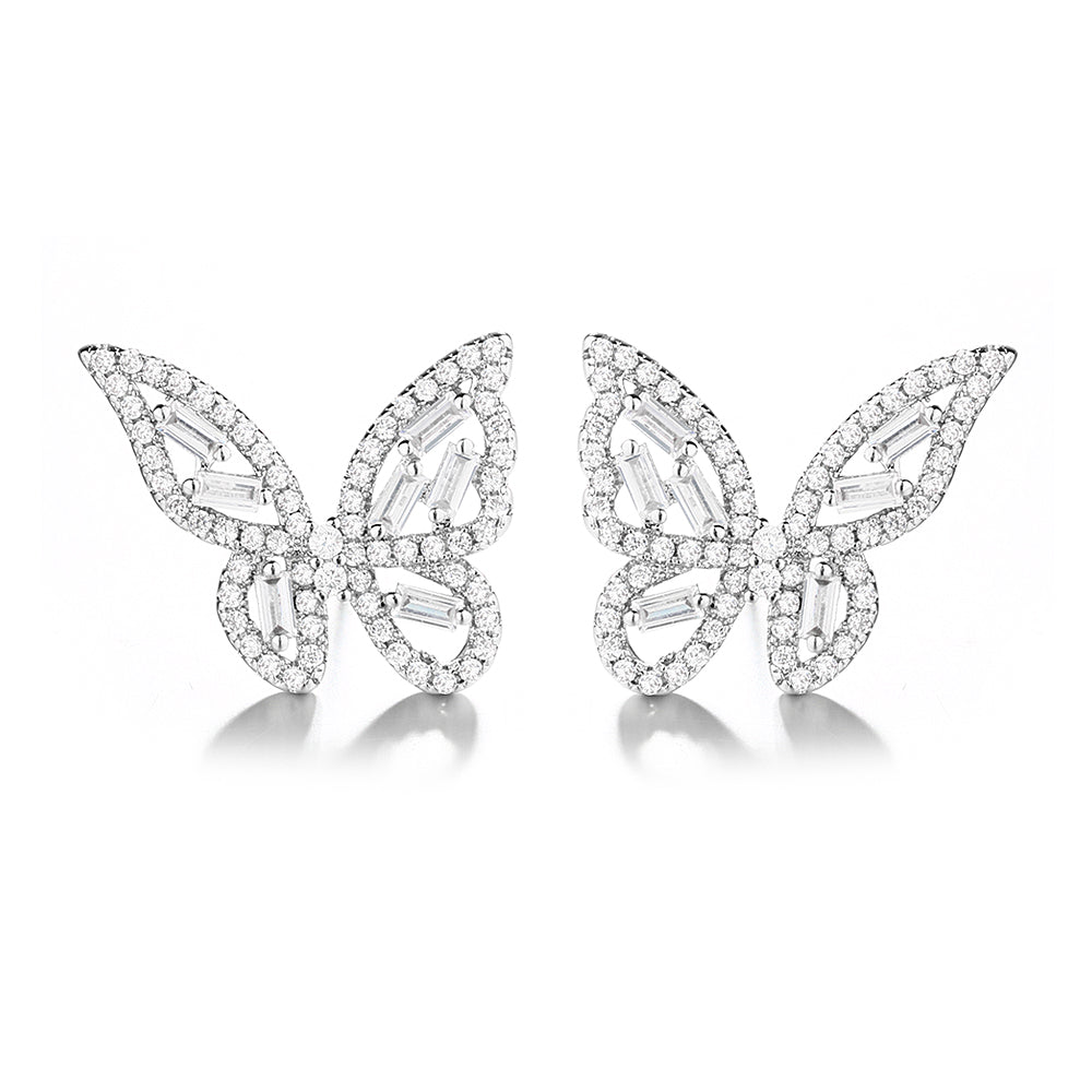 Sterling Silver Round and Baguette Butterfly Earrings with Crystals