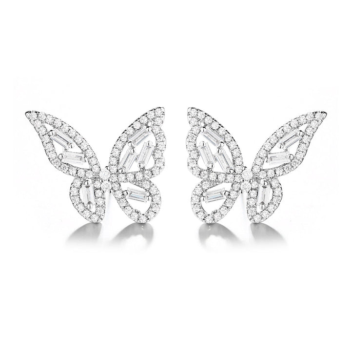 Sterling Silver Round and Baguette Butterfly Earrings with Crystals