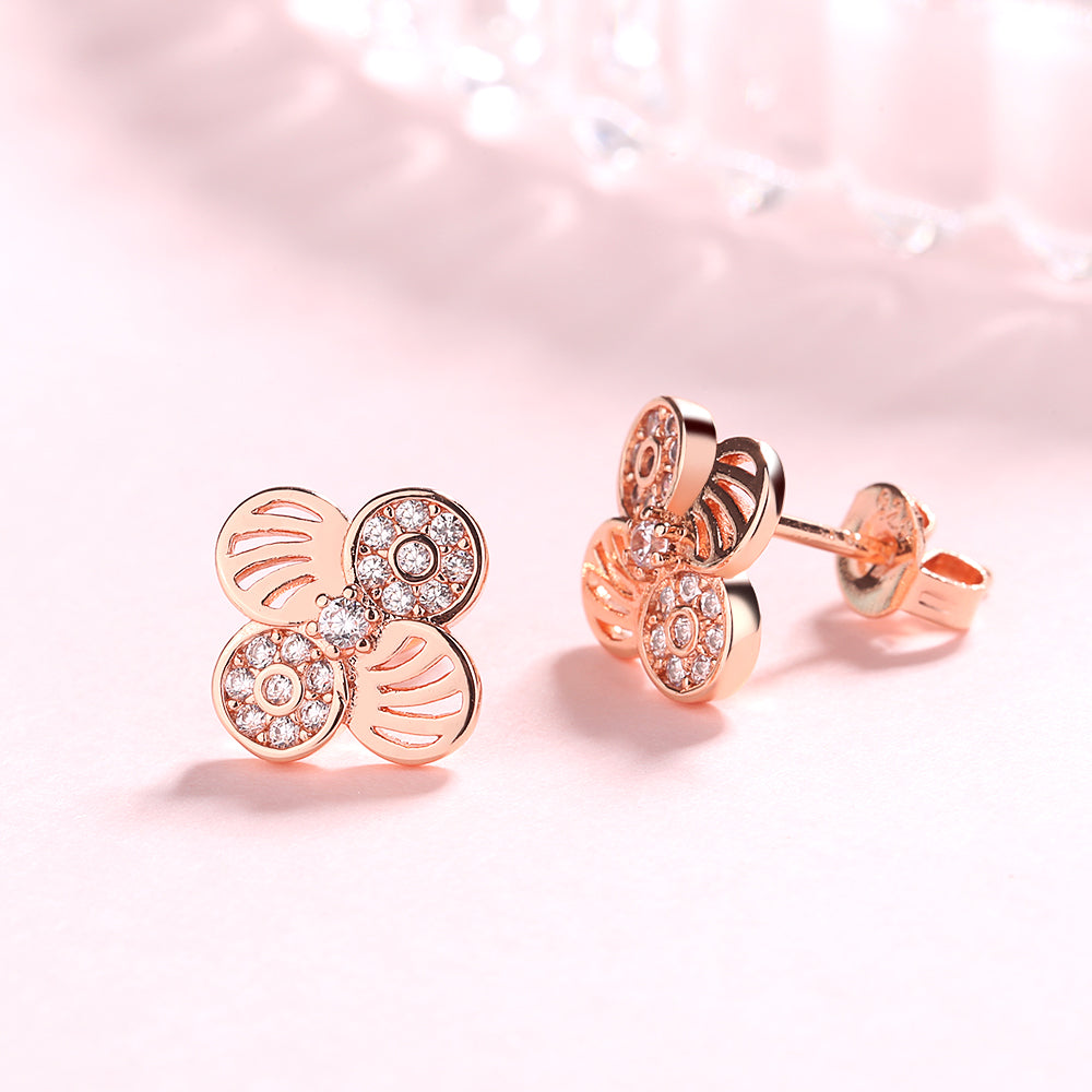 Sterling Silver Crystal Flower Stud Earrings in 18k Rose Gold