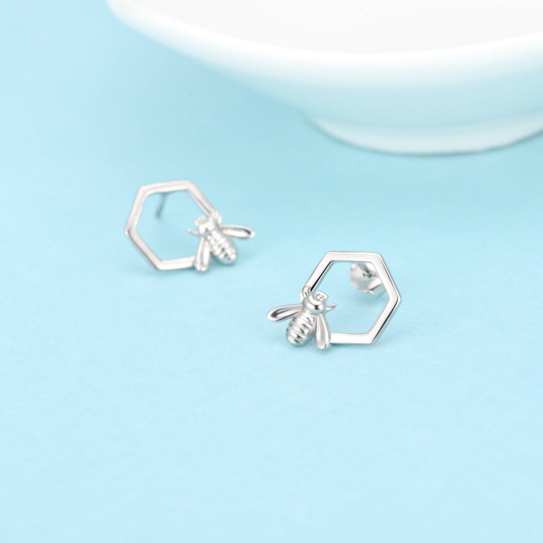 Sterling Silver Bee and Honeycomb Stud Earring