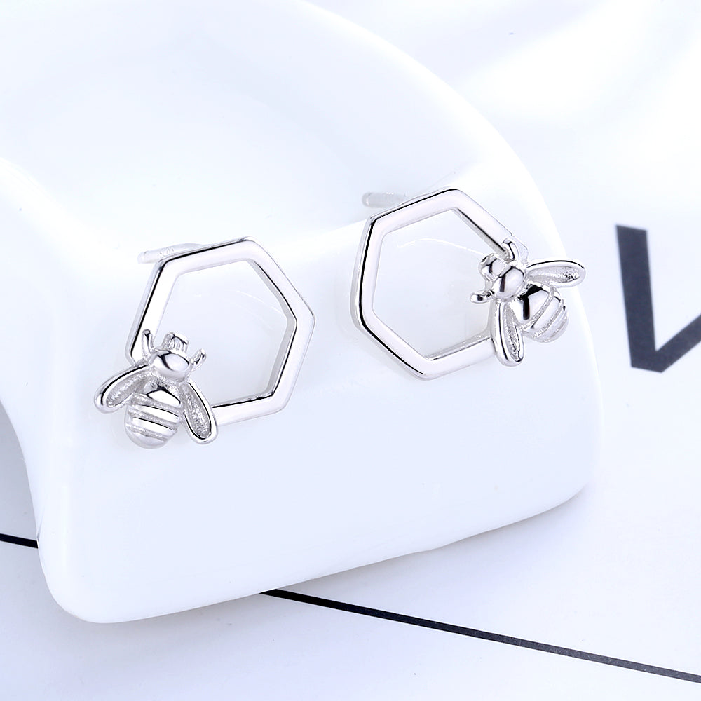 Sterling Silver Bee and Honeycomb Stud Earring