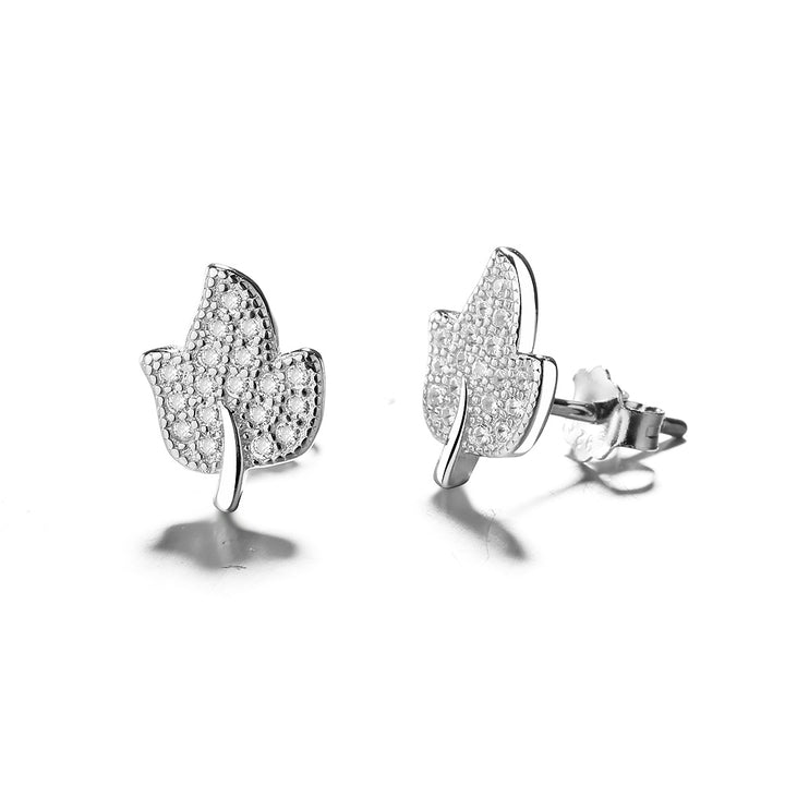 Sterling Silver Leaf Stud Earrings with Swarovski Crystals