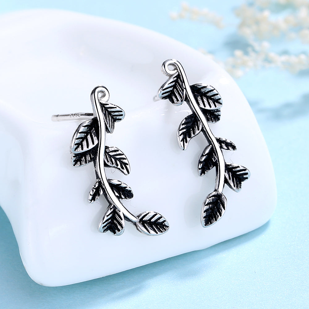 Sterling Silver Oxidized Leaf Drop Earrings