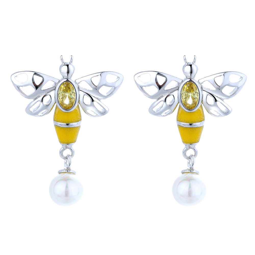 Sterling Silver Bee Earrings With Swarovski Pearl & Crystals