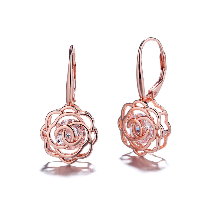 Caged Swarovski Crystal Floating Rose Lever Back Earrings