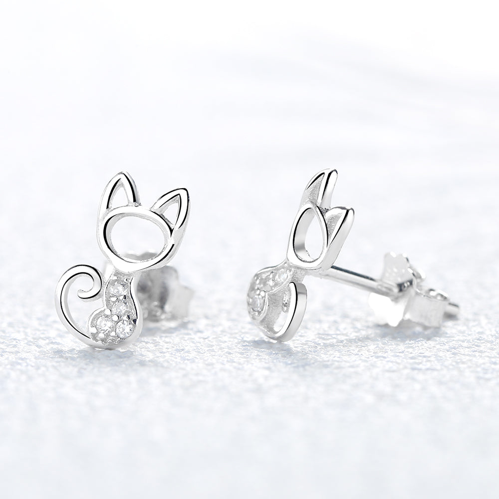 Sterling Silver Whimsical Cat Earrings with Swarovski Crystal