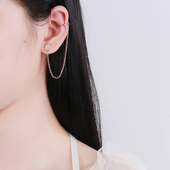 14K Rose or Sterling Silver Ear Cuff to Water Drop Stud Earrings