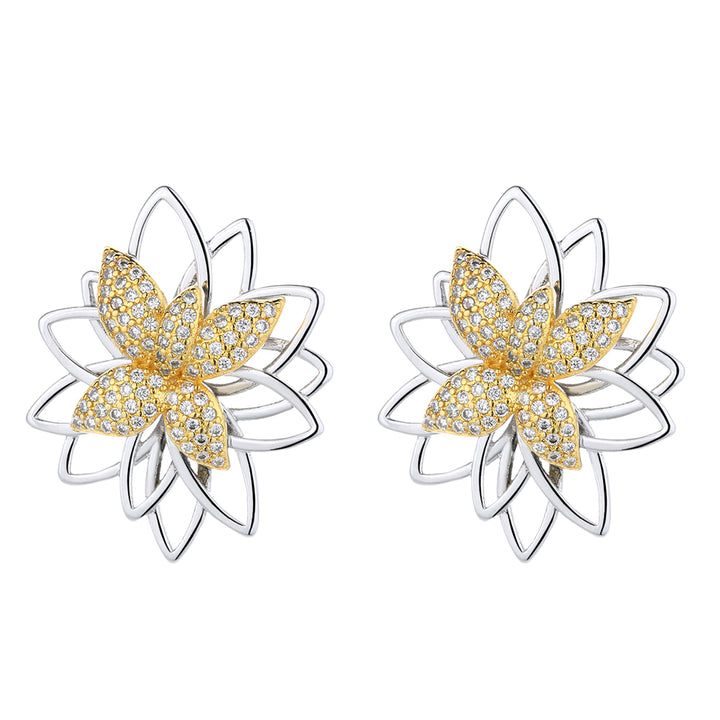 Lotus Flower Two Tone Earring Studs with Swarovski Crystals
