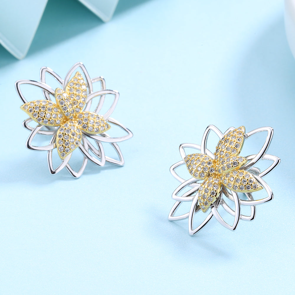 Lotus Flower Two Tone Earring Studs with Swarovski Crystals
