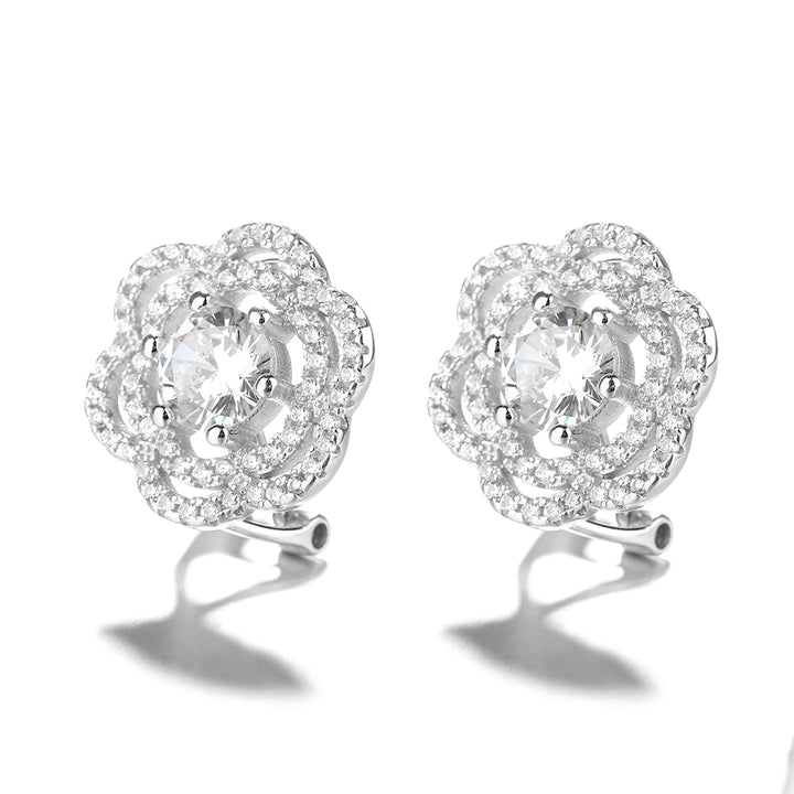 Sterling Silver Omega Flower Stud Earrings With Swarovski Crystals