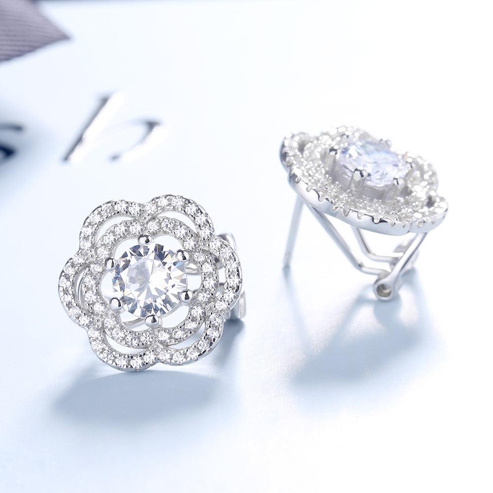Sterling Silver Omega Flower Stud Earrings With Swarovski Crystals