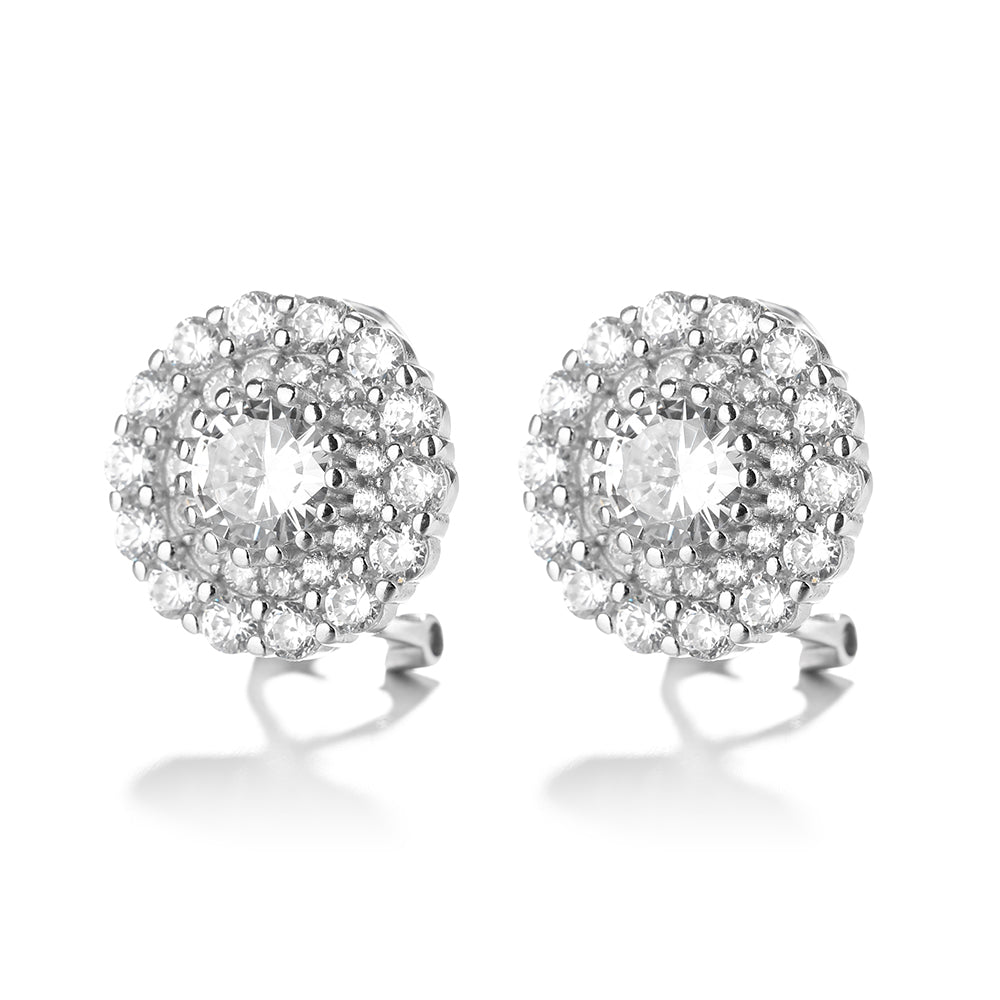Sterling Silver Double Halo Omega Stud Earrings With Swarovski Crystal
