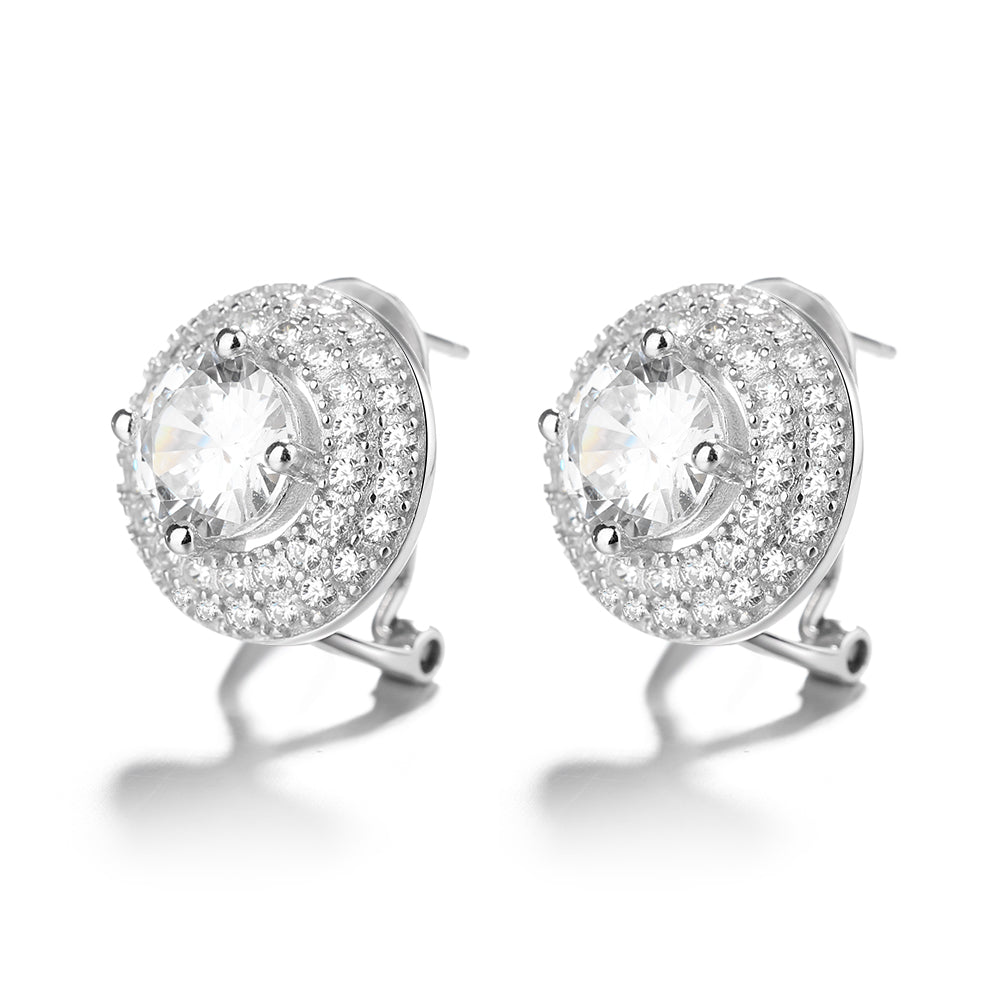 Sterling Silver Double Halo Omega Stud Earrings With Swarovski